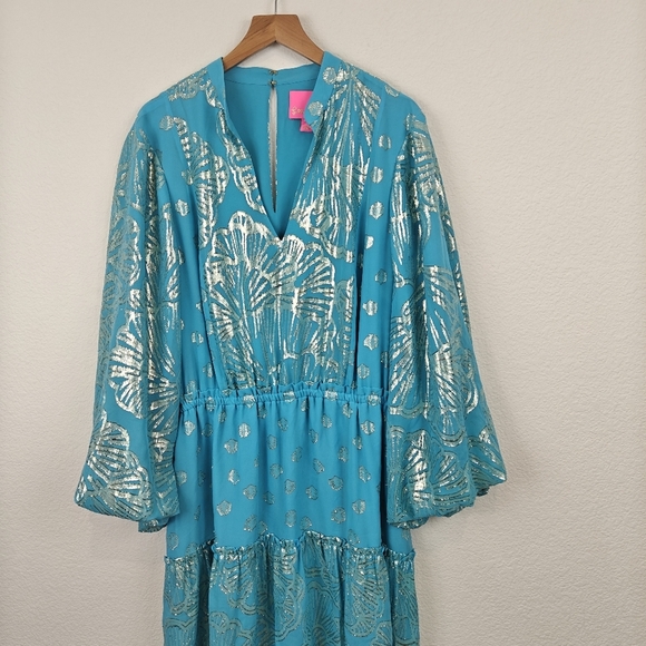 Lilly Pulitzer Nwot Joella Silk Mini Long Sleeve Metallic A Line Bermuda Blue 14 - Picture 6 of 16